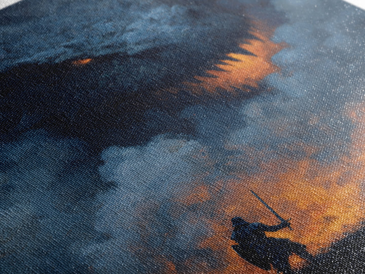 Dragon Looming Over Lone Knight In Smoke, Dark Fantasy Wall Art, Medieval Warrior Canvas Print, Gothic Game Room Decor Gift
