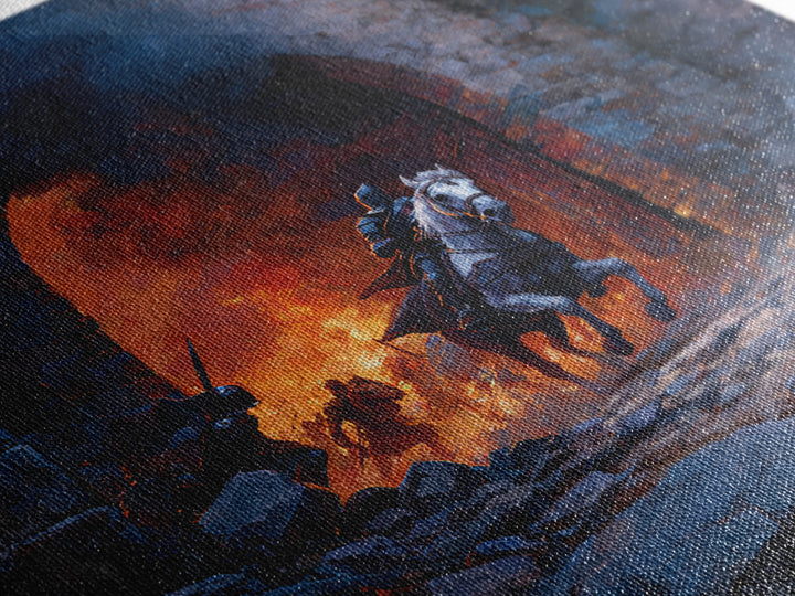 Mounted Knight Escaping Burning Castle Gate, Dark Fantasy Wall Art, Medieval Battle Canvas Print, Gothic Living Room Decor