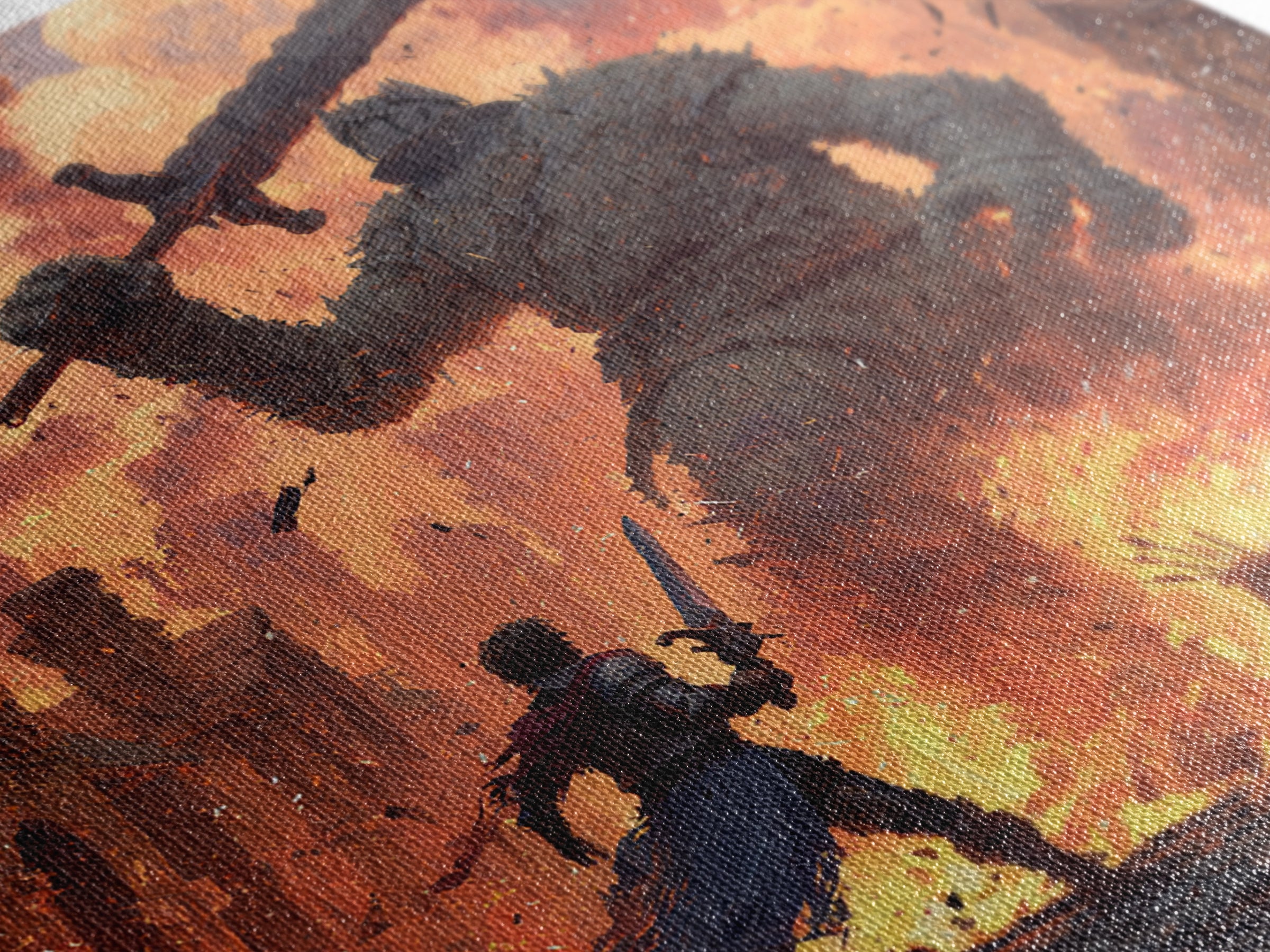 Giant Stone Warrior In Blazing City, Epic Fantasy Wall Art, Medieval Hero Canvas Print, Dramatic Game Room Decor Gift For Him