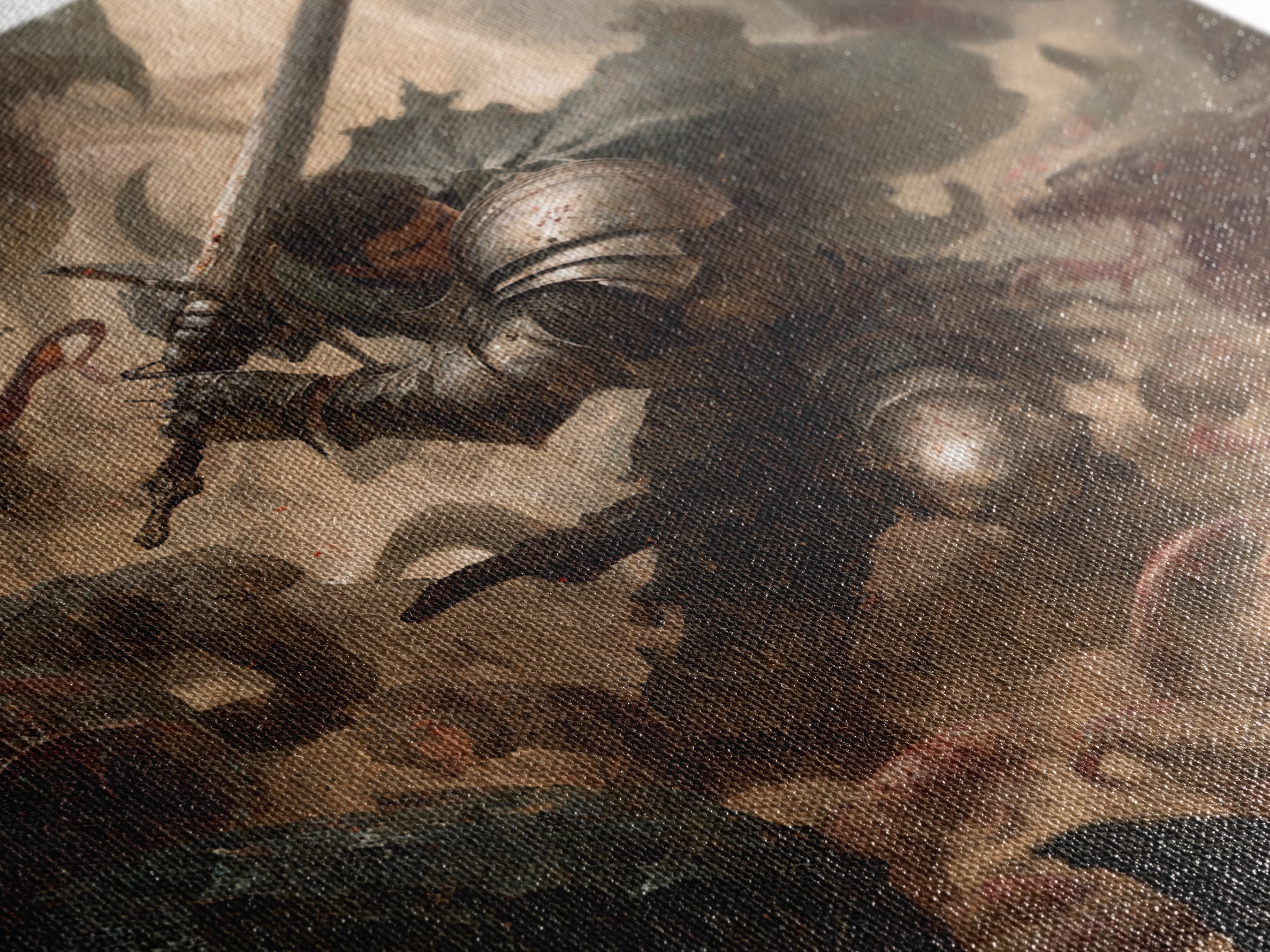 Armored Warrior Battling Monsters With Sword, Dark Fantasy Wall Art, Medieval Knight Canvas Print, Gothic Dungeon Decor Gift