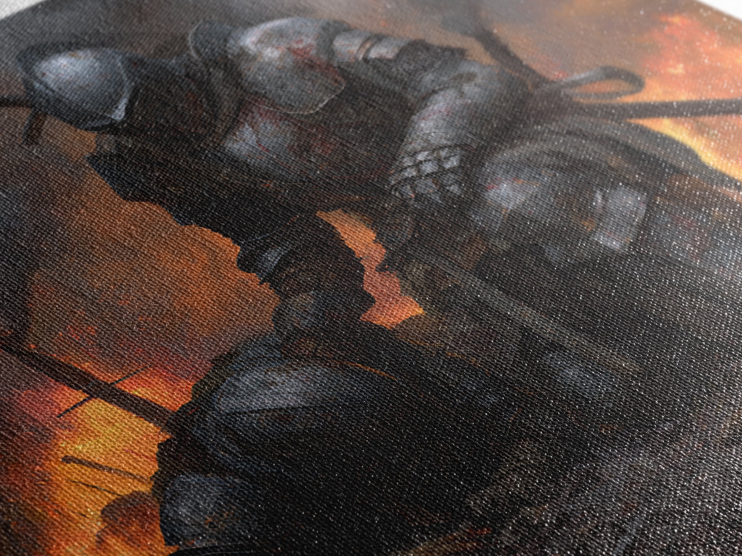 Bloodied Knight Kneeling On Fiery Battlefield, Dark Fantasy Wall Art, Medieval Armor Canvas Print, Gothic Warrior Decor Gift