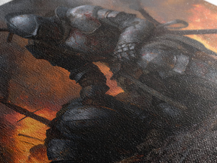 Bloodied Knight Kneeling On Fiery Battlefield, Dark Fantasy Wall Art, Medieval Armor Canvas Print, Gothic Warrior Decor Gift