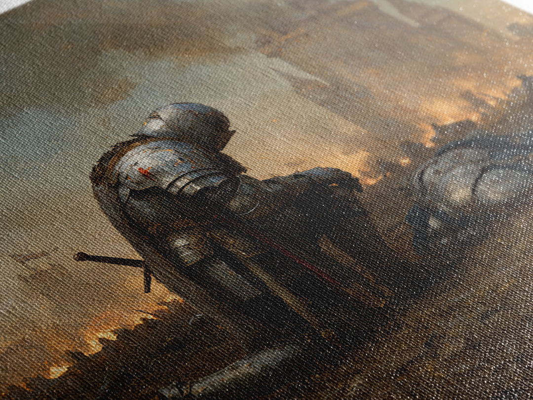 Kneeling Knight In War Torn Field By Castle, Medieval Wall Art, Dark Fantasy Canvas Print, Moody Living Room Decor Gift For Him