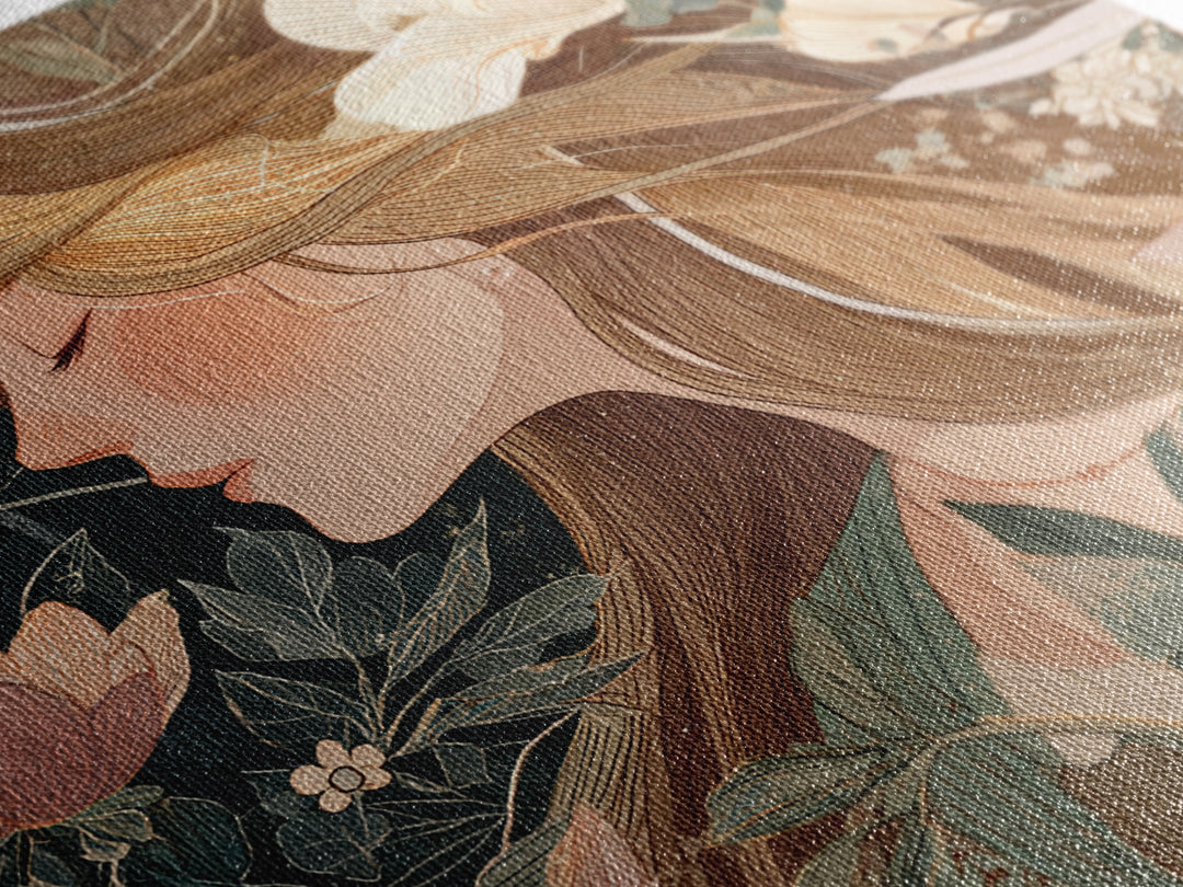 Blonde Woman In Blooming Garden Wall Art, Art Nouveau Floral Canvas Print, Feminine Botanical Decor, Romantic Bedroom Art