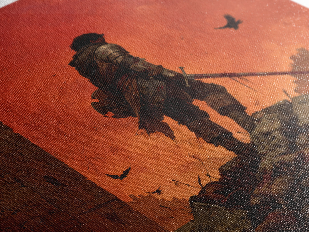 Lone Medieval Warrior On Red Battlefield Wall Art, Dark Fantasy Castle Canvas, Gothic Knight Decor, Dramatic Game Room Print