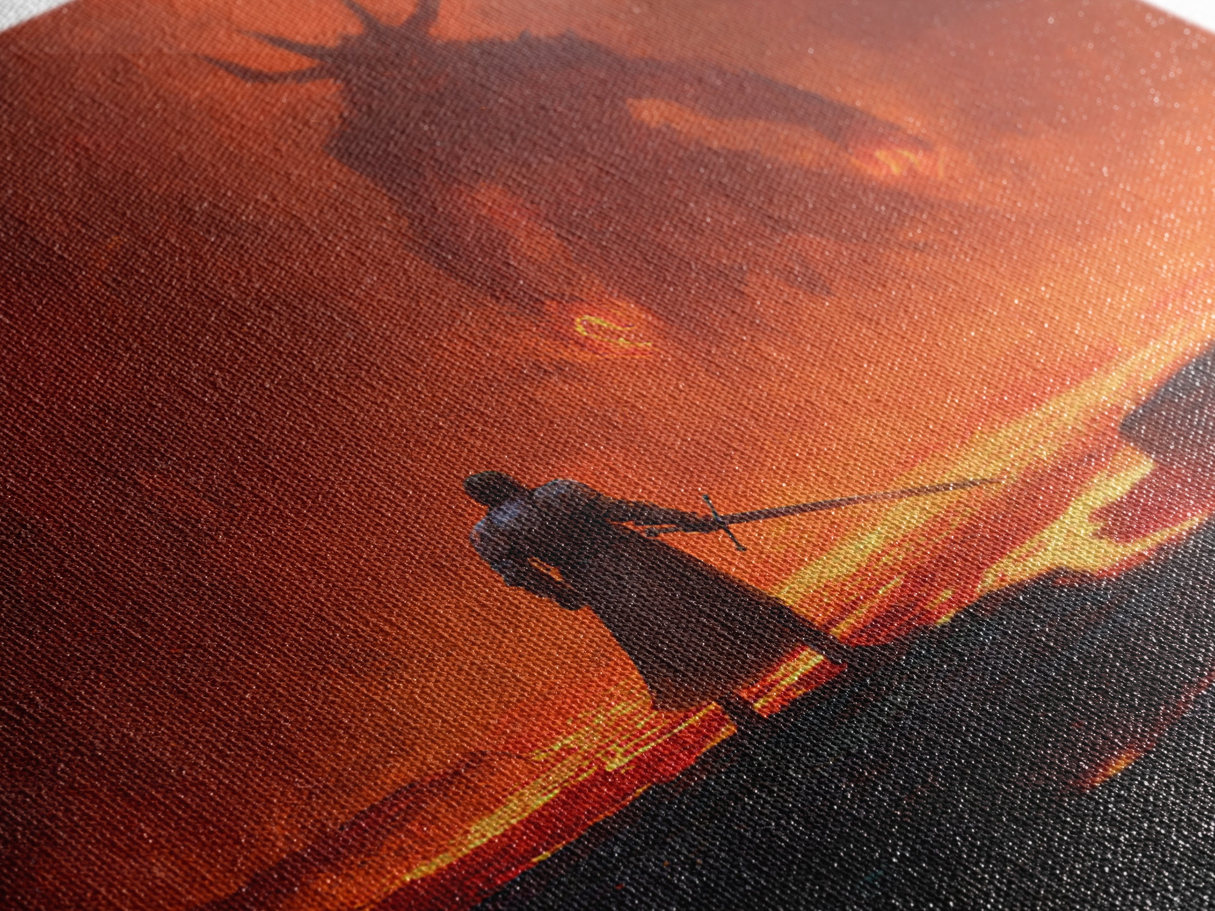 Knight Facing Fiery Demon In Lava Realm Canvas Print, Dark Fantasy Wall Art, Gothic Battle Decor, Epic Gaming Room Poster