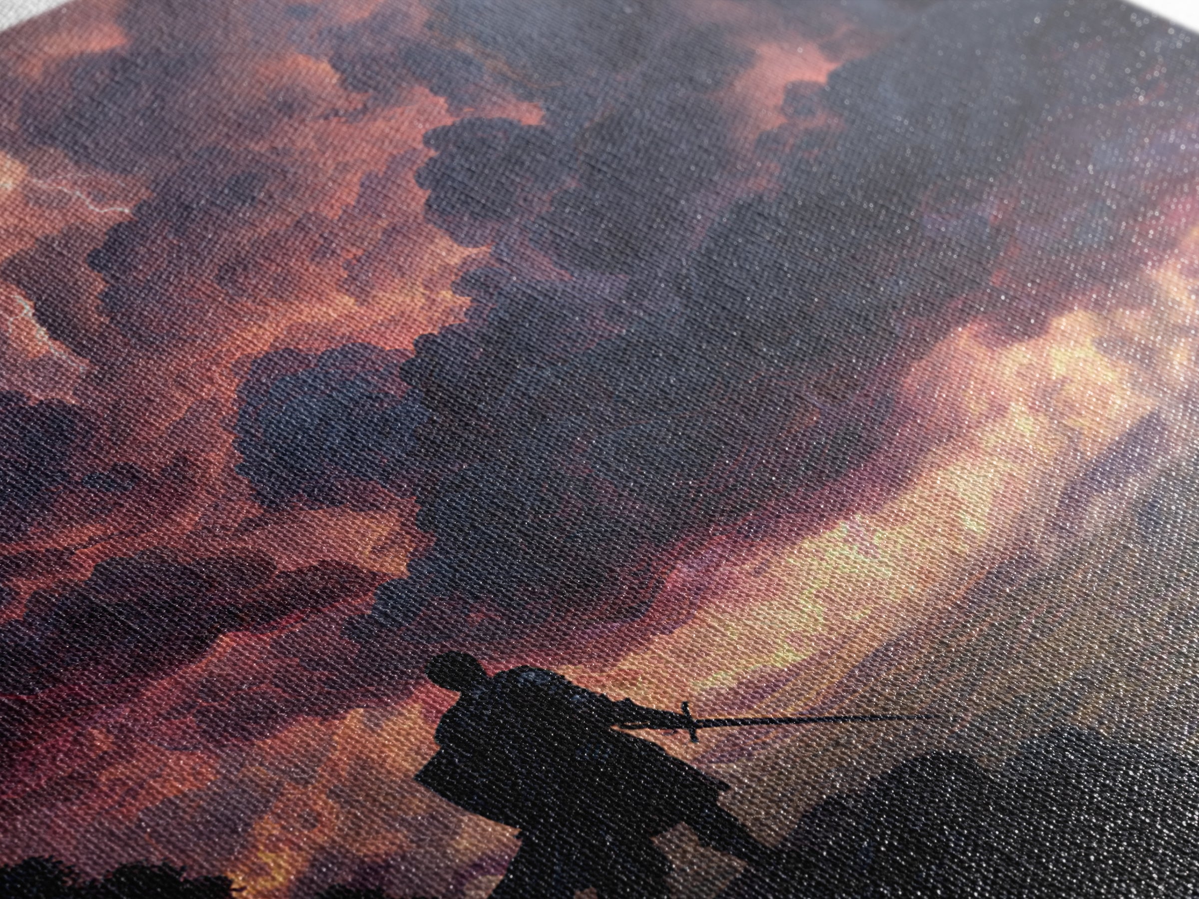 Warrior Beneath Thundercloud Sky Canvas Print, Dramatic Fantasy Landscape Wall Art, Lightning Storm Decor, Moody Wall Decor