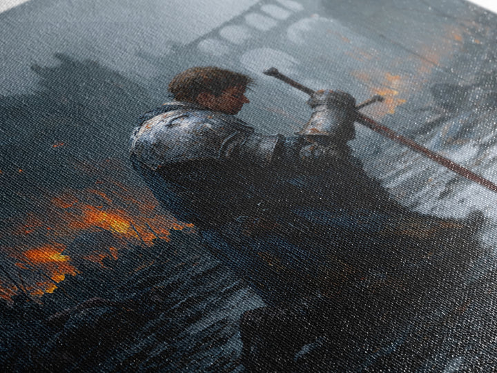 Kneeling Knight In Rainy Ruins Framed Canvas Print, Dark Fantasy Wall Art, Medieval Castle Decor, Moody Battlefield Art Print