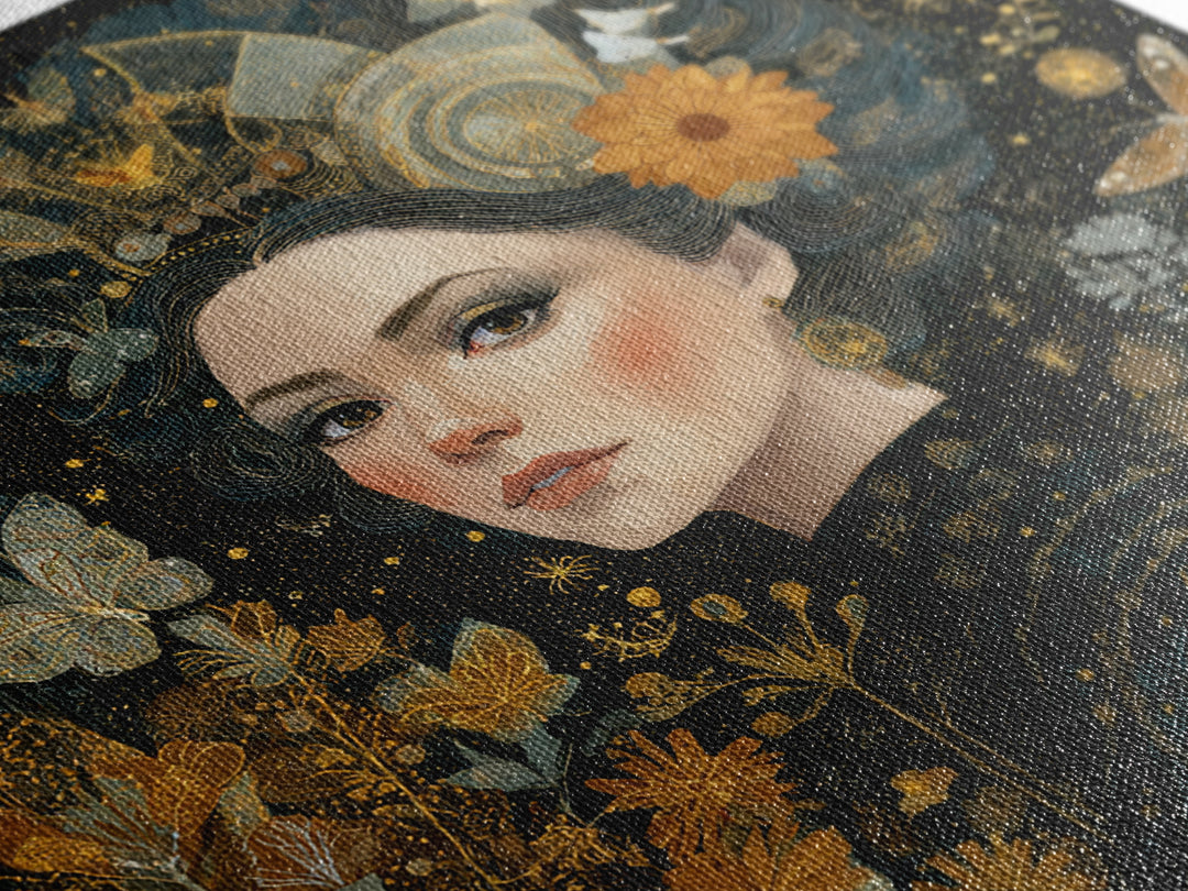 Art Nouveau Woman With Gold Flowers Canvas Print, Feminine Celestial Wall Art, Botanical Portrait Decor, Elegant Gift For Her