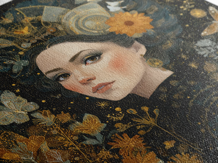 Art Nouveau Woman With Gold Flowers Canvas Print, Feminine Celestial Wall Art, Botanical Portrait Decor, Elegant Gift For Her