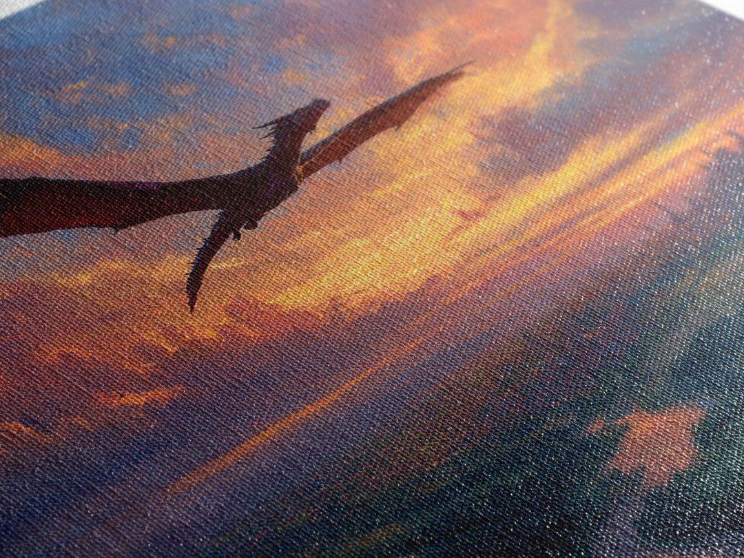 Red Dragon Flying Over Sunset Kingdom Canvas Print, Fantasy Landscape Wall Art, Castle Decor, Epic Gamer Room Gift For Him