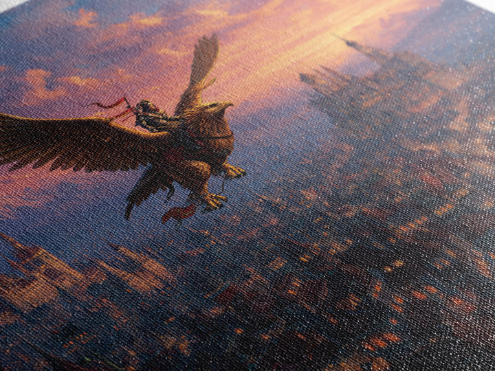 Warrior Riding Griffon Over Medieval City Framed Canvas Print, Fantasy Wall Art, Castle Landscape Decor, Epic Adventure Gift