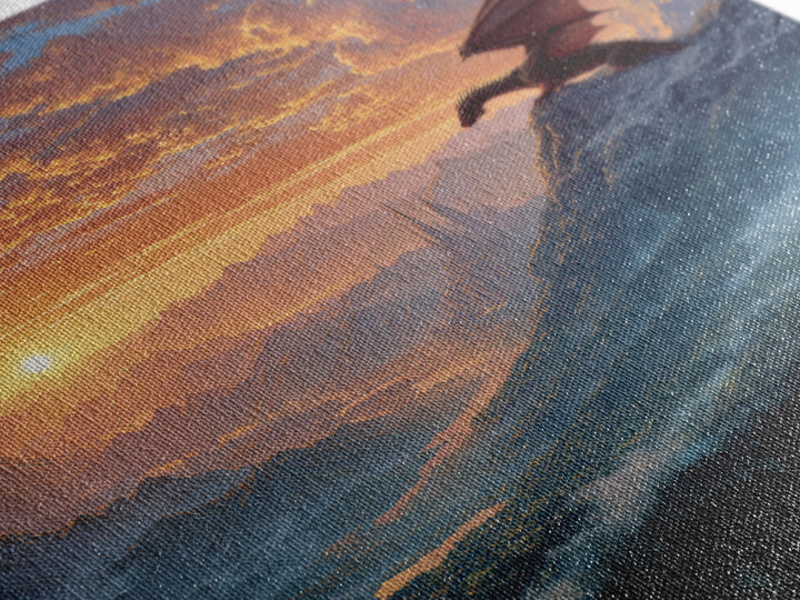 Mountain Dragon Watching Sunrise Kingdom Wall Art, Fantasy Landscape Canvas Print, Castle Decor, Epic Adventure Gift For Gamers