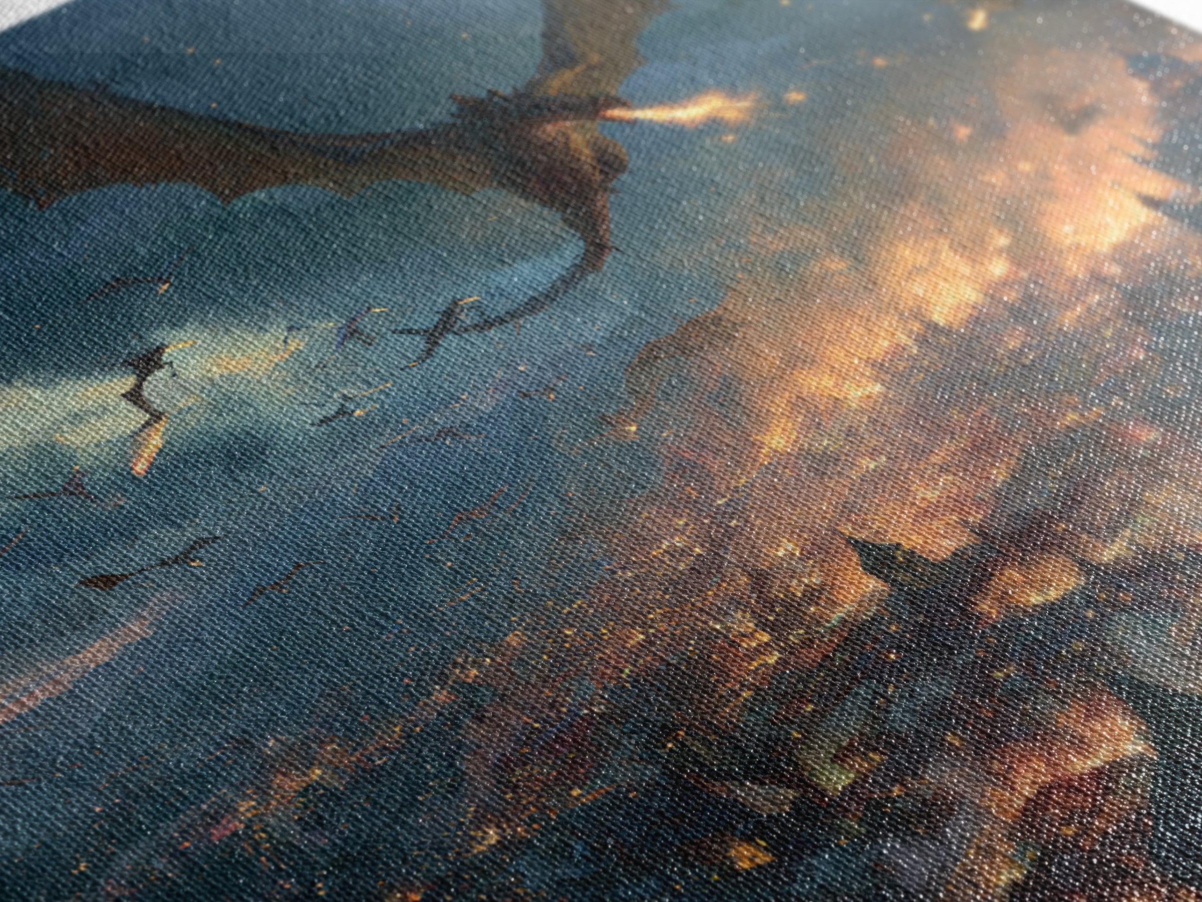 Fire Breathing Dragons Attacking Burning City Canvas Print, Dark Fantasy Wall Art, Medieval Battle Decor, Gamer Room Gift