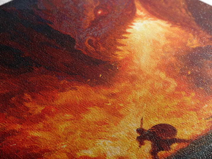 Red Dragon Breathing Fire At Brave Knight Wall Art, Dark Fantasy Canvas Print, Epic Medieval Battle Decor, Gamer Gift For Him