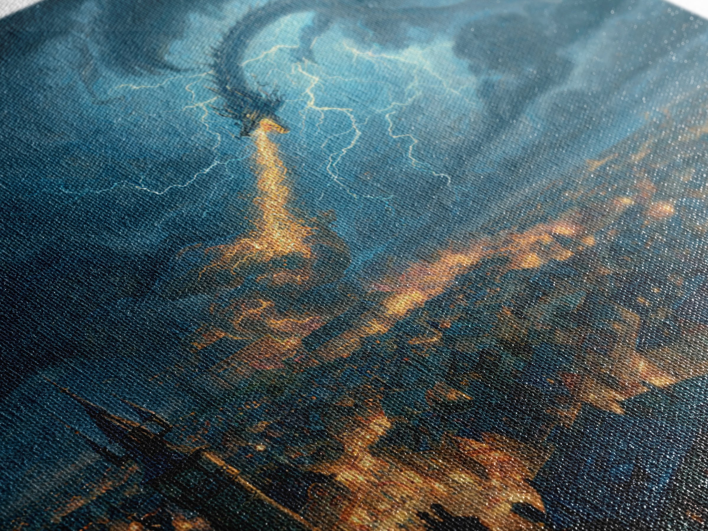 Lightning Dragon Over Stormy Medieval City Canvas Print, Dark Fantasy Wall Art, Dramatic Castle Decor, Gamer Room Gift For Him