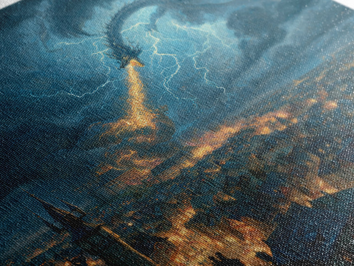 Lightning Dragon Over Stormy Medieval City Canvas Print, Dark Fantasy Wall Art, Dramatic Castle Decor, Gamer Room Gift For Him