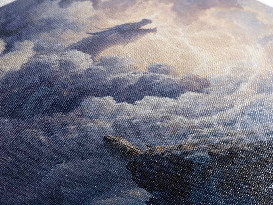 Storm Cloud Dragon With Lightning Above Lonely Tower Wall Art, Dark Fantasy Canvas Print, Gothic Castle Decor, Moody Art Gift