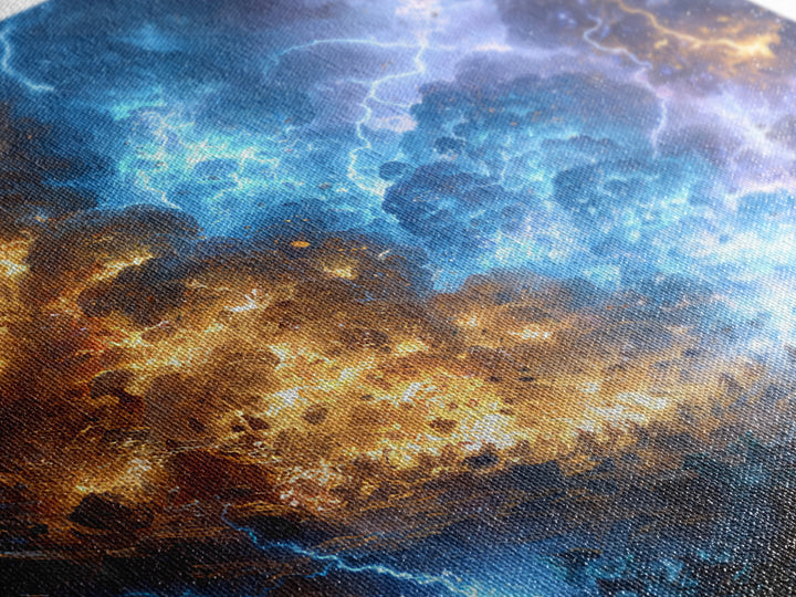 Blue And Gold Elemental Storm Battle Wall Art, Fantasy Canvas Print, Lightning Fire Landscape, Dramatic Gamer Room Decor