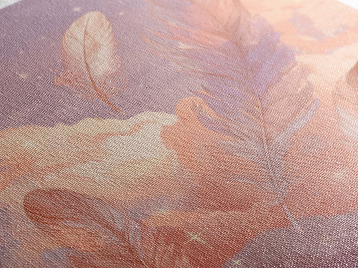 Pink Feathers Floating In Peach Clouds Canvas Print, Celestial Wall Decor, Dreamy Pastel Nursery Art, Whimsical Gift For Her
