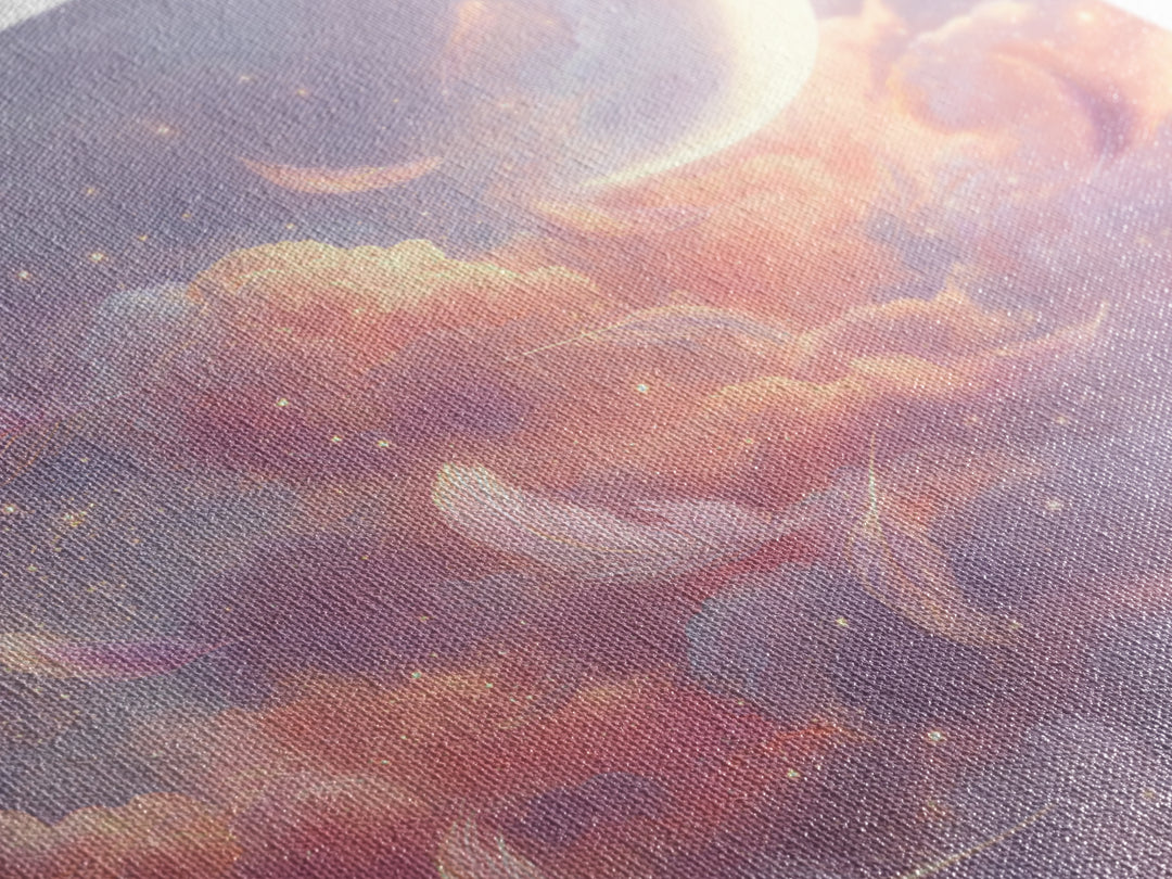 Crescent Moon And Floating Feathers Framed Canvas Print, Celestial Wall Art, Dreamy Cloud Decor, Pastel Nursery Gift For Her