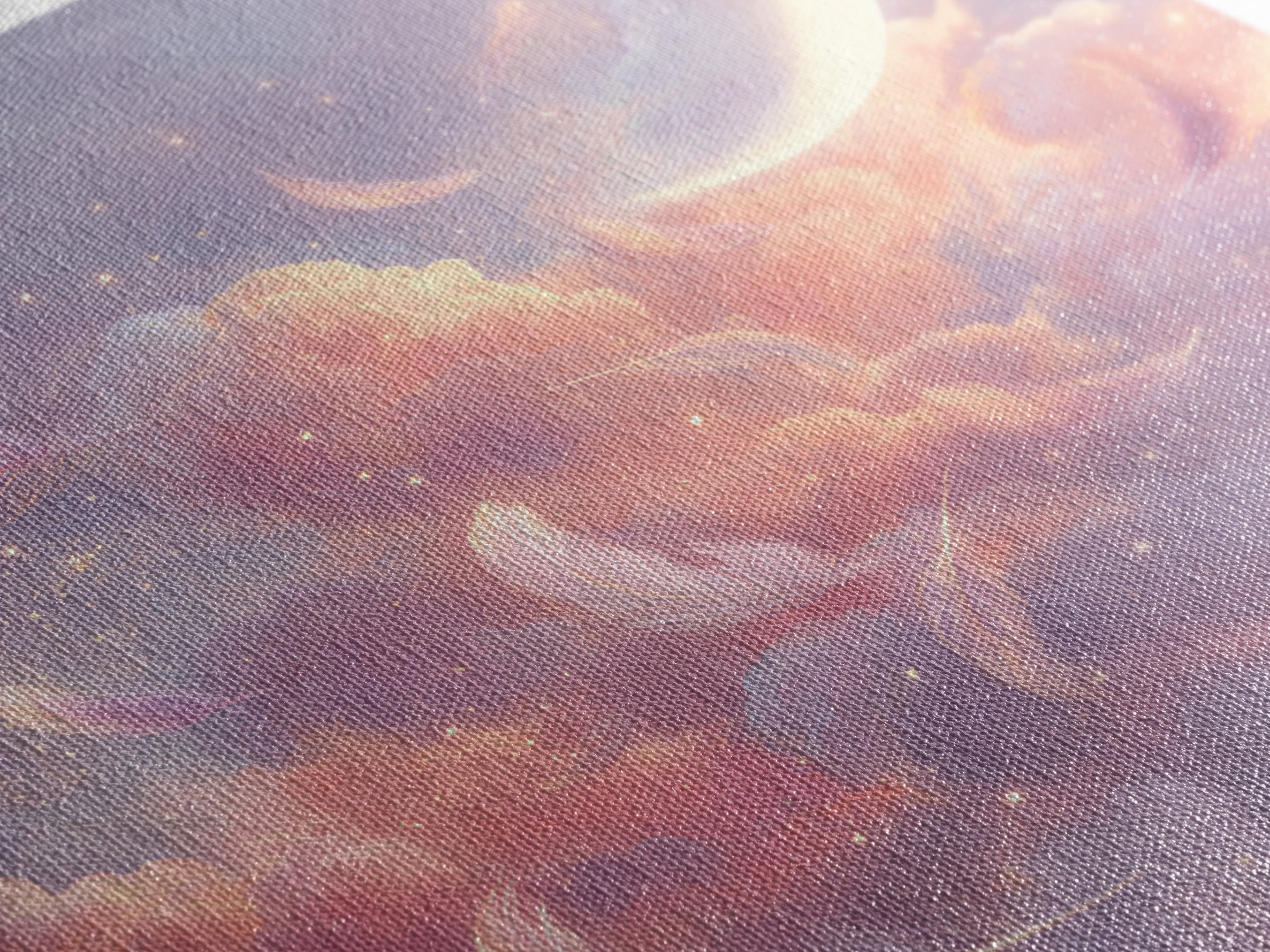 Crescent Moon And Floating Feathers Framed Canvas Print, Celestial Wall Art, Dreamy Cloud Decor, Pastel Nursery Gift For Her