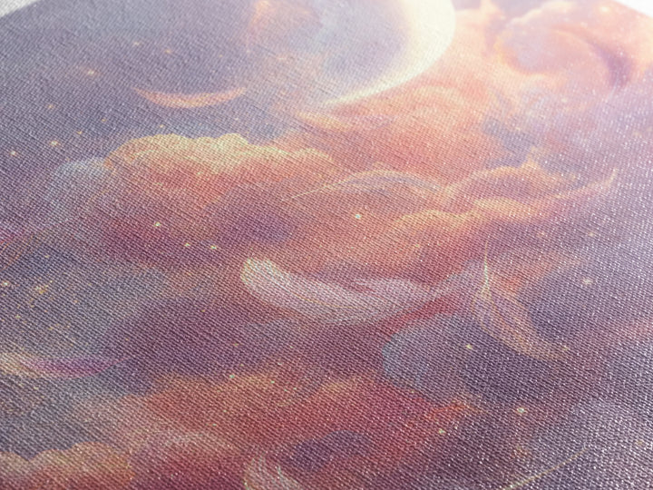 Crescent Moon And Floating Feathers Framed Canvas Print, Celestial Wall Art, Dreamy Cloud Decor, Pastel Nursery Gift For Her