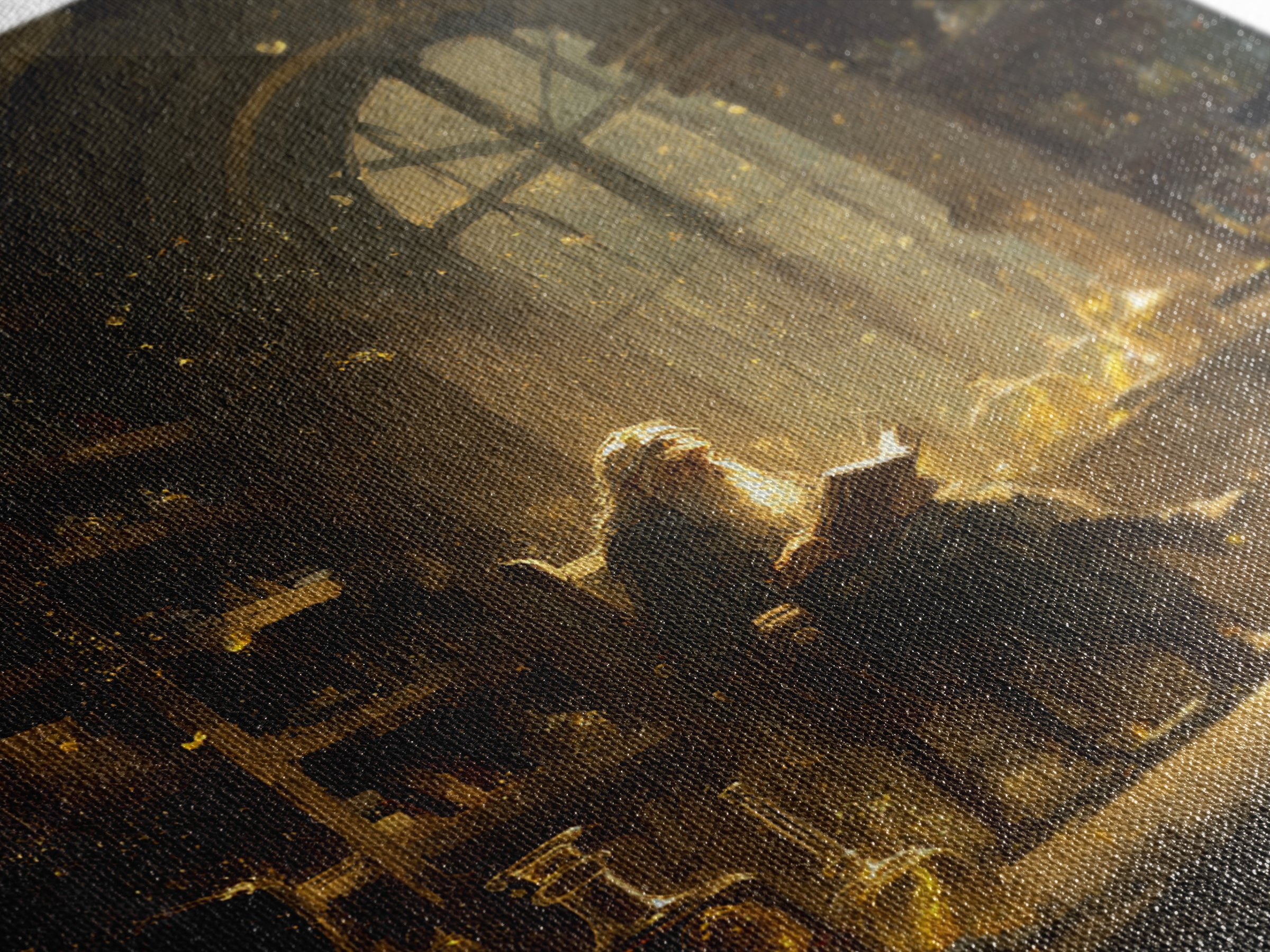 Wizard Reading In Golden Alchemy Library Wall Art, Dark Academia Fantasy Art Print, Magical Home Office Decor Gift For Readers