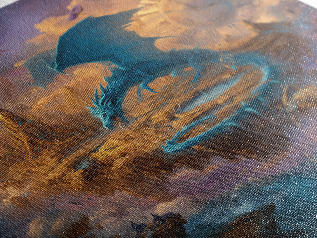 Blue Dragon Over Floating Clockwork Islands Wall Art, Epic Fantasy Canvas Print, Surreal Sky Castle Gaming Room Decor Gift