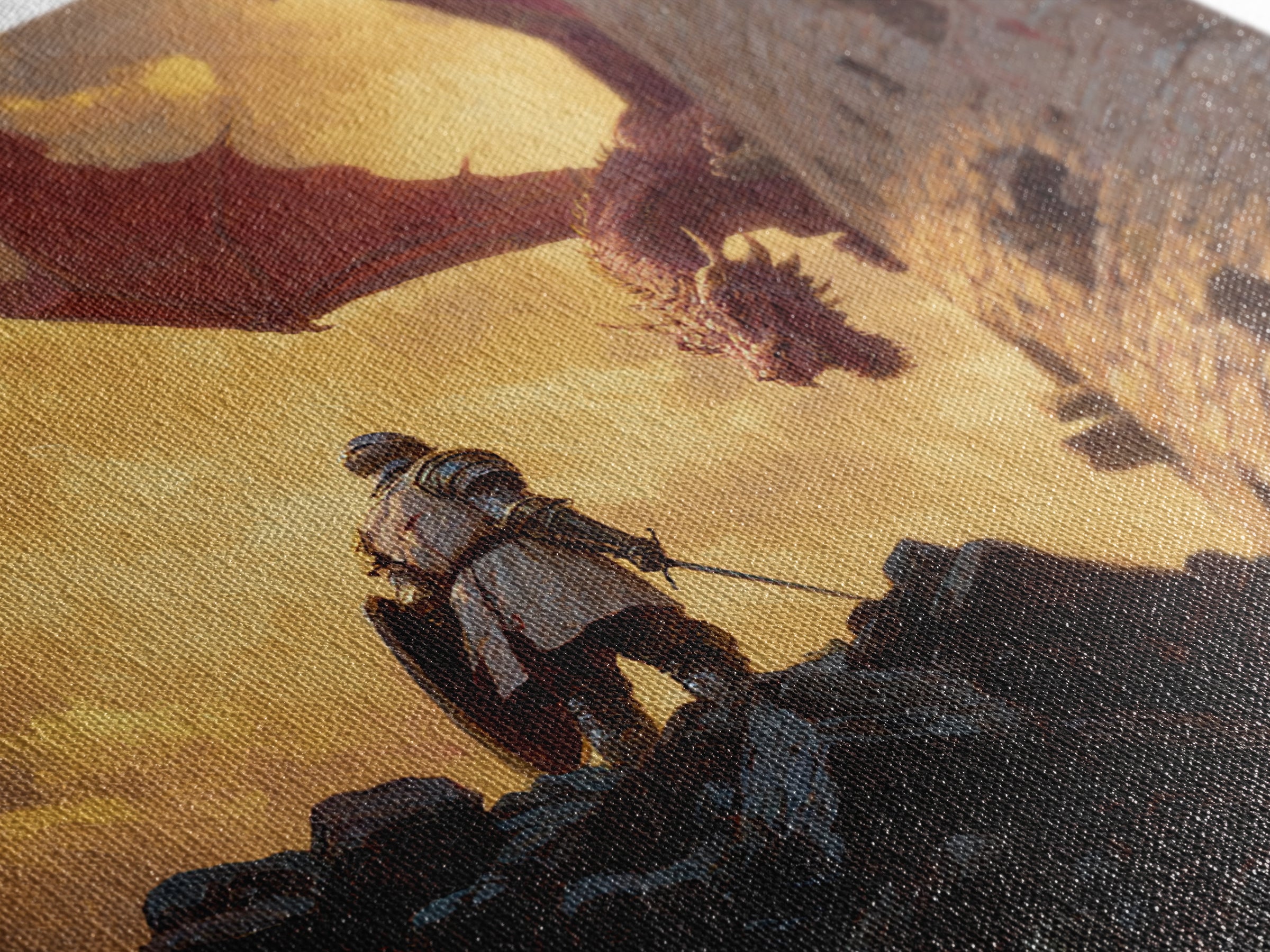 Knight Facing Red Dragon By Castle Tower Framed Canvas Print, Medieval Fantasy Wall Art, Epic Gaming Room Decor Gift For Him