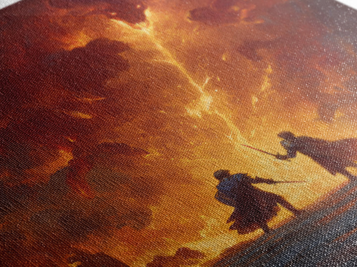 Heroes Battling Fire Demon In Inferno Wall Art, Dark Fantasy Canvas Print, Epic Dungeons And Dragons Gaming Room Decor Gift