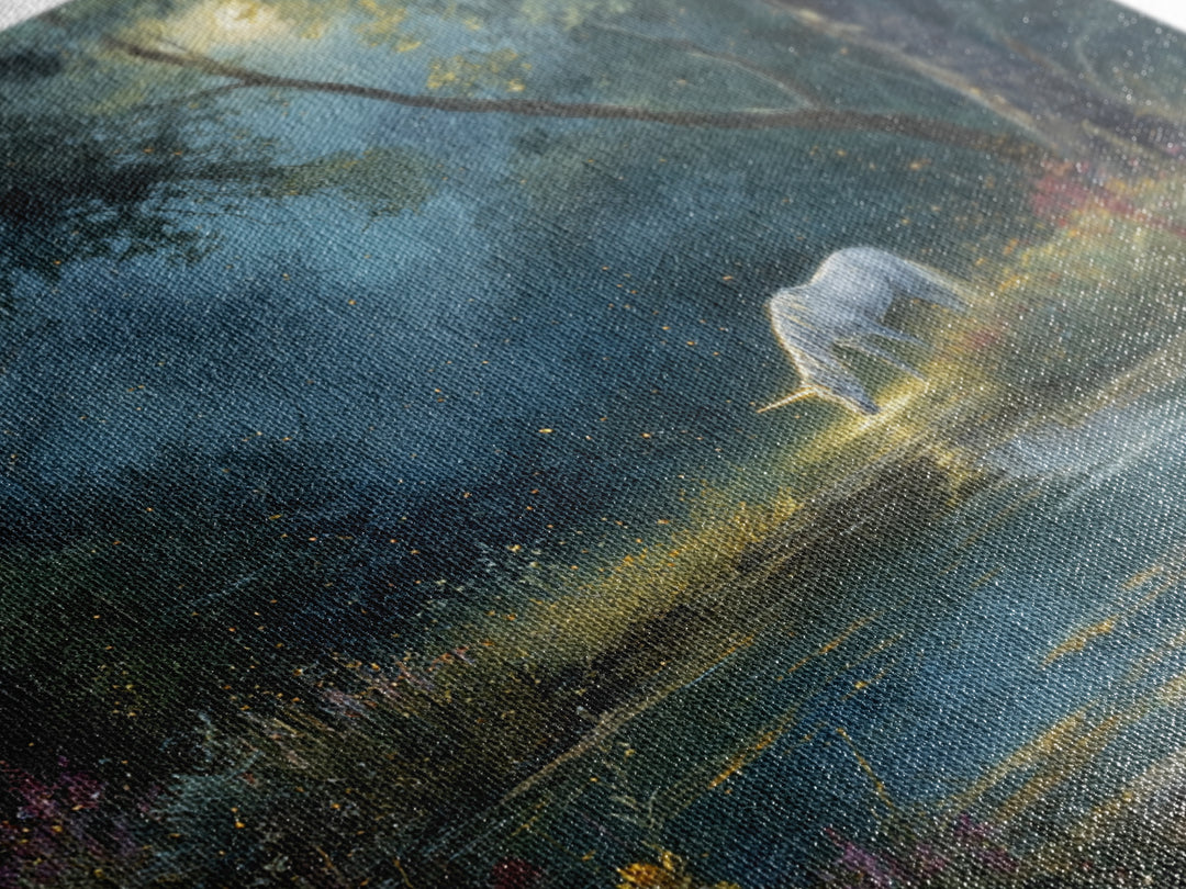 White Unicorn By Moonlit Forest Stream Wall Art, Enchanted Woodland Fantasy Canvas Print, Dreamy Nursery Decor Gift For Kids Room