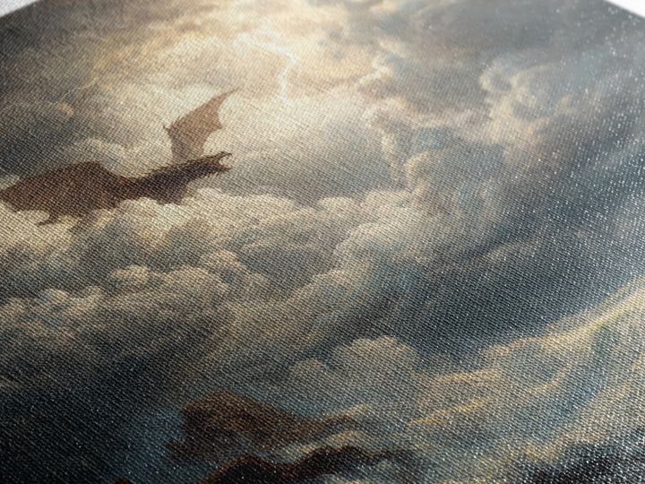 Dragon Flying Through Lightning Storm Over Ocean Wall Art, Dark Fantasy Seascape Canvas Print, Nautical Gothic Decor Gift