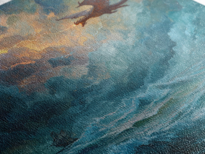 Red Dragon Soaring Above Stormy Ocean Canvas Print, Epic Fantasy Seascape Wall Art, Gothic Nautical Living Room Decor Gift