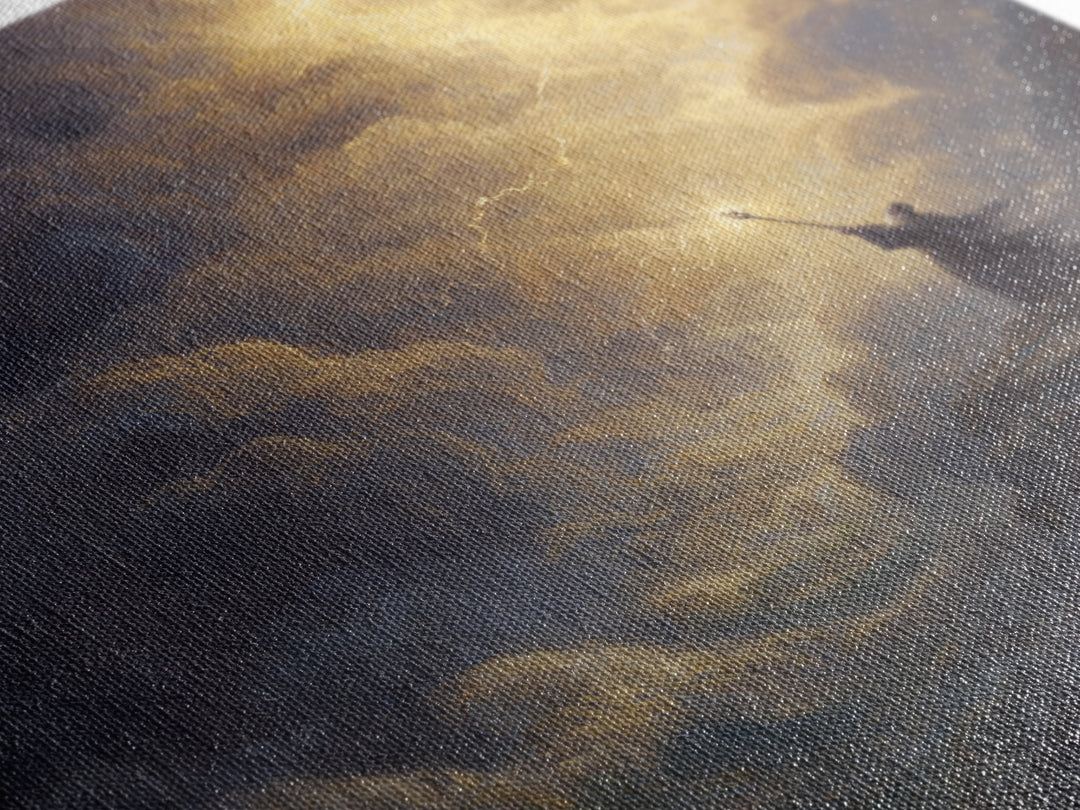 Golden Lightning Wizard Seascape Wall Art, Stormy Ocean Framed Canvas Print, Mythological Fantasy Decor, Moody Fine Art Gift