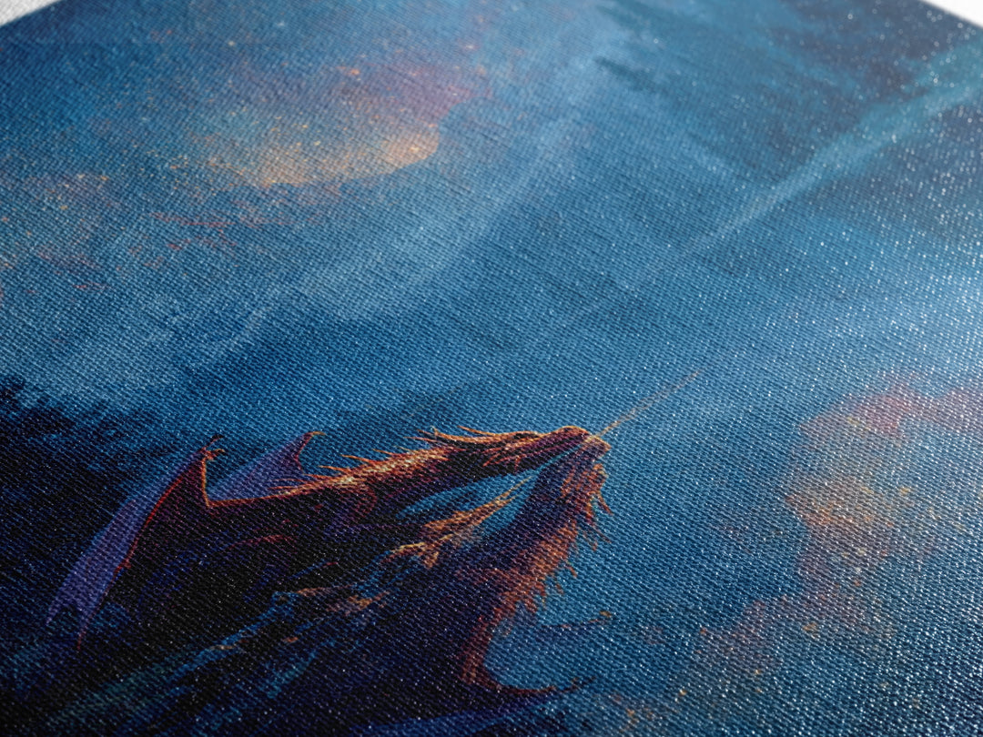 Starlit Dragon Lake Fantasy Wall Art, Blue Mountain Canvas Print, Celestial Nursery Decor, Magical Kids Room Art Gift For Dragon Lovers