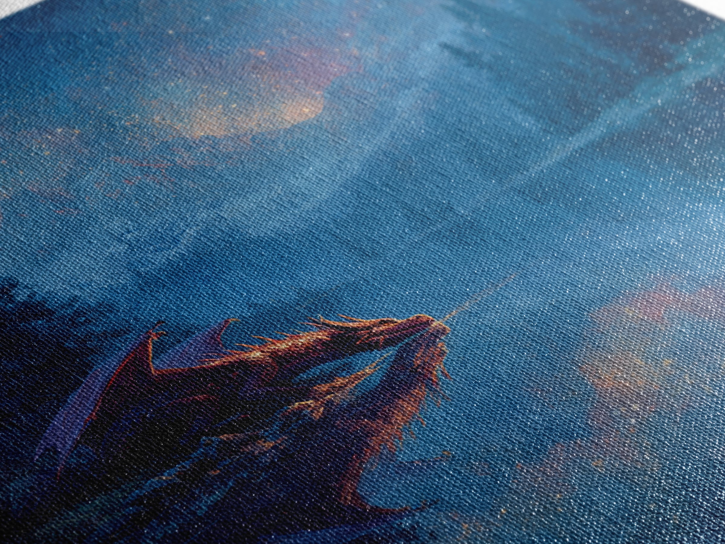Starlit Dragon Lake Fantasy Wall Art, Blue Mountain Canvas Print, Celestial Nursery Decor, Magical Kids Room Art Gift For Dragon Lovers