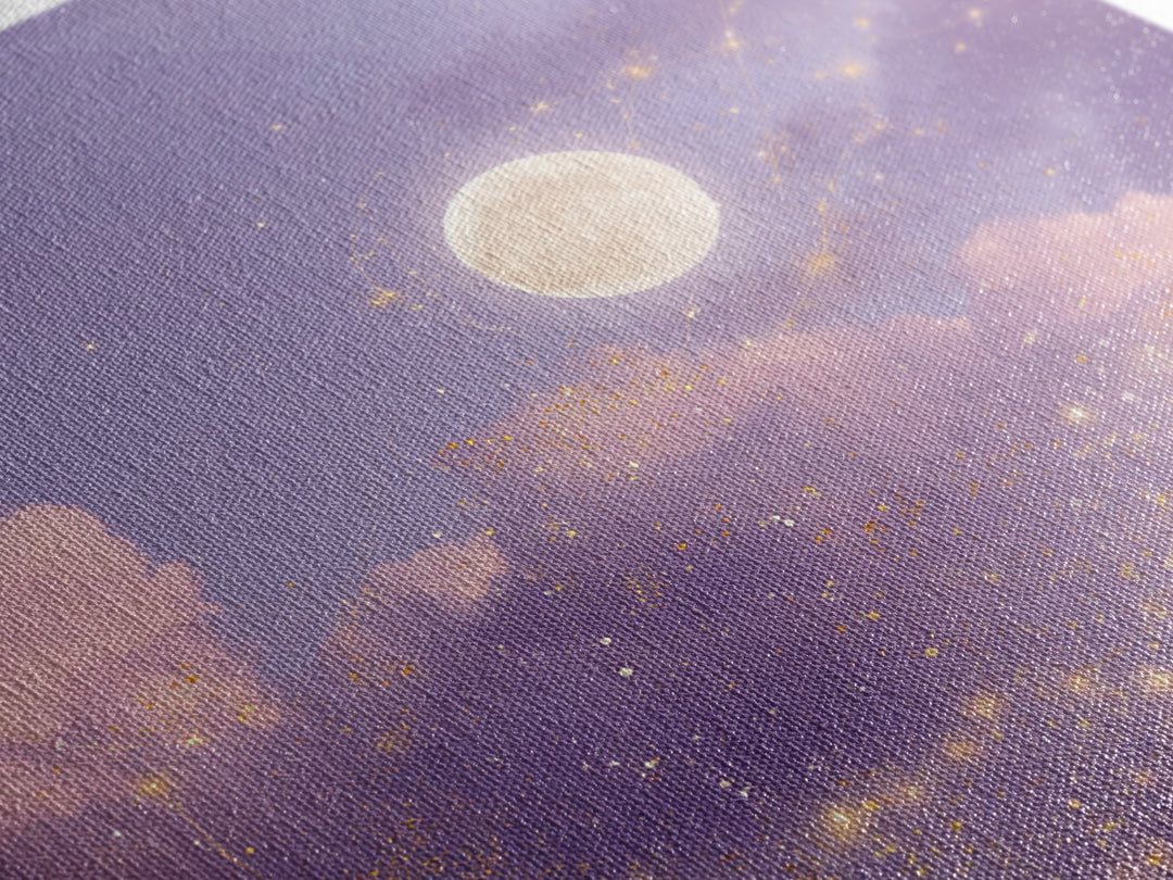 Full Moon With Golden Constellations Wall Art, Celestial Canvas Print, Purple Cloud Decor, Mystical Bedroom Gift For Her