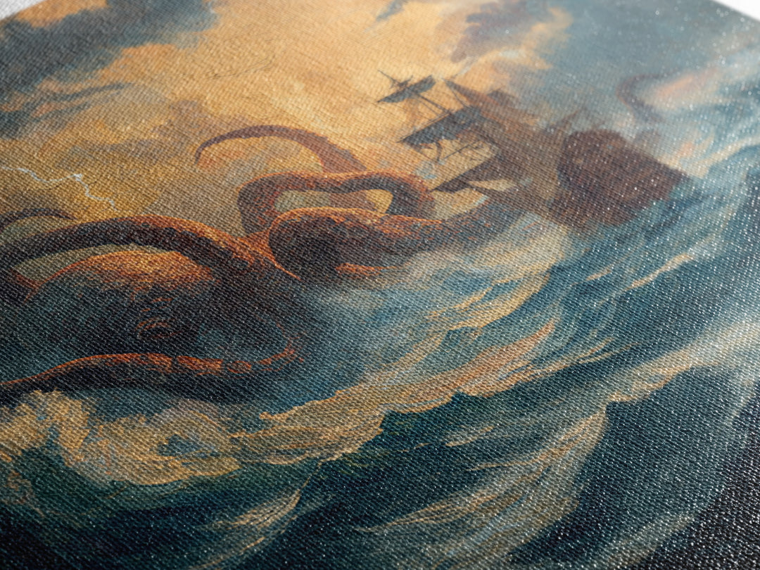 Storm Kraken And Tall Ship In Tempest Seas Canvas Print, Nautical Fantasy Wall Art, Ocean Monster Decor, Gift For Him, Coastal Home Decor