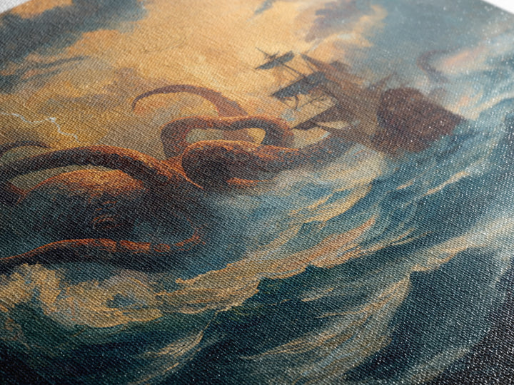 Storm Kraken And Tall Ship In Tempest Seas Canvas Print, Nautical Fantasy Wall Art, Ocean Monster Decor, Gift For Him, Coastal Home Decor