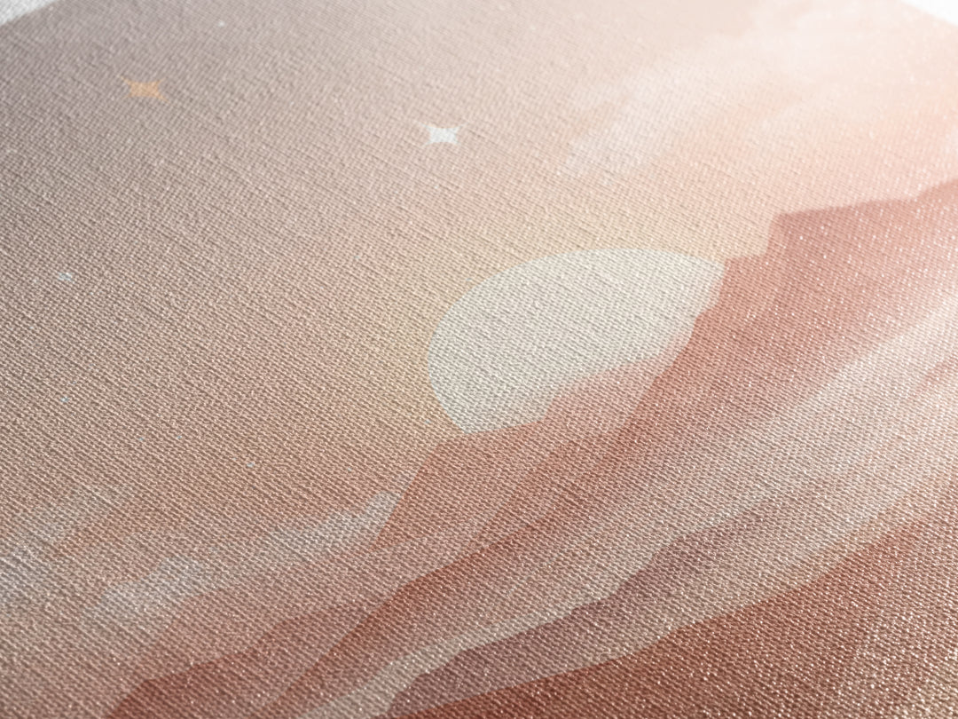 Peach Sunrise Mountains With Moon And Stars Wall Art, Minimalist Landscape Print, Celestial Nursery Decor, Above Bed Art