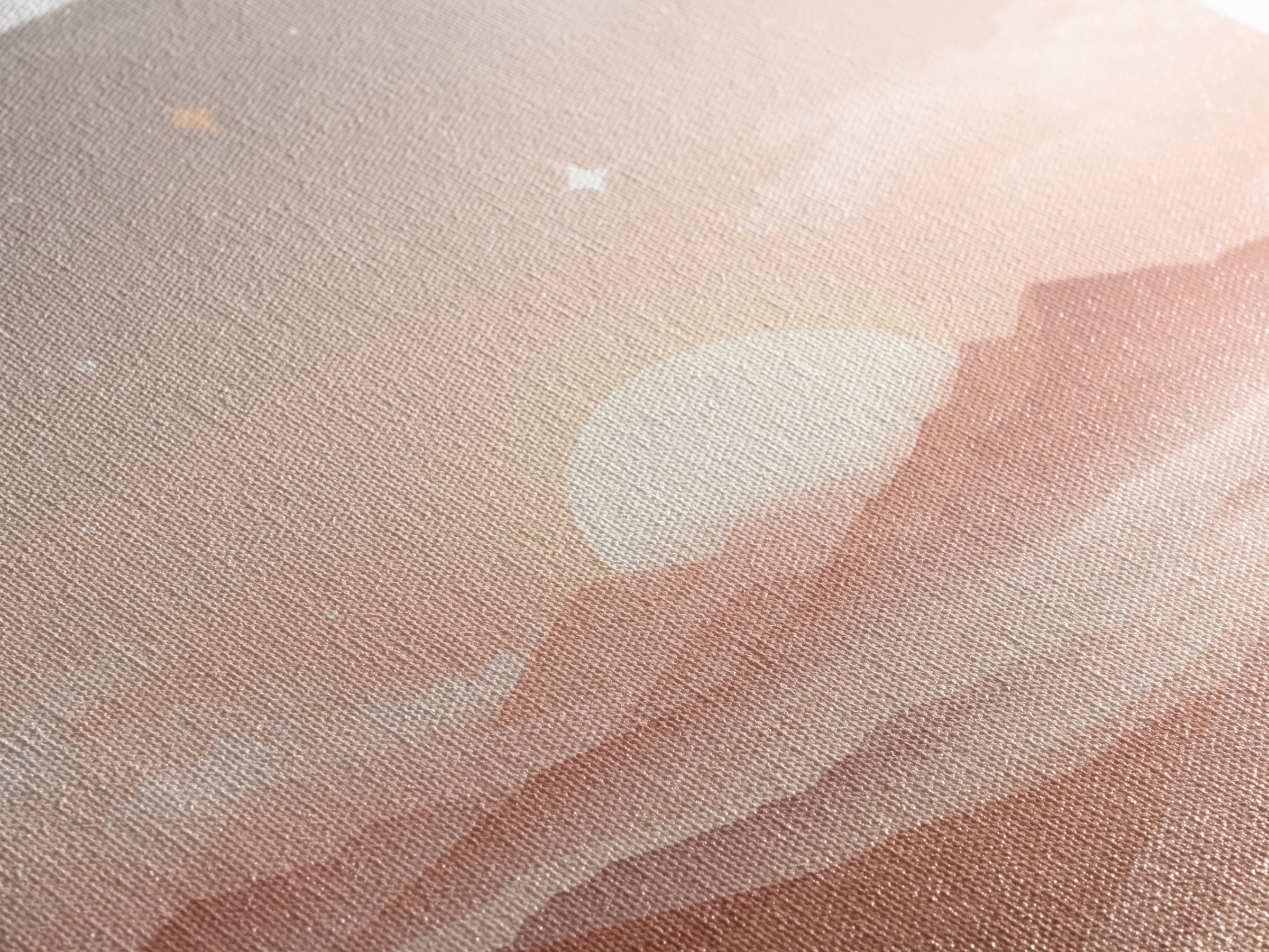 Peach Sunrise Mountains With Moon And Stars Wall Art, Minimalist Landscape Print, Celestial Nursery Decor, Above Bed Art