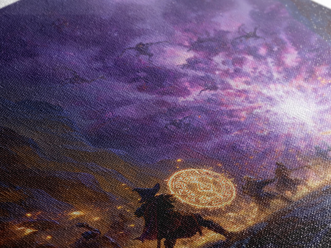 Wizard Party Fighting Purple Demon Portal Wall Art, Dark Fantasy Canvas Print, Dungeons And Dragons Game Room Decor Gift