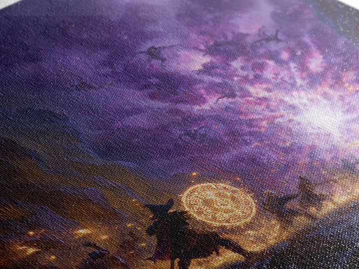 Wizard Party Fighting Purple Demon Portal Wall Art, Dark Fantasy Canvas Print, Dungeons And Dragons Game Room Decor Gift