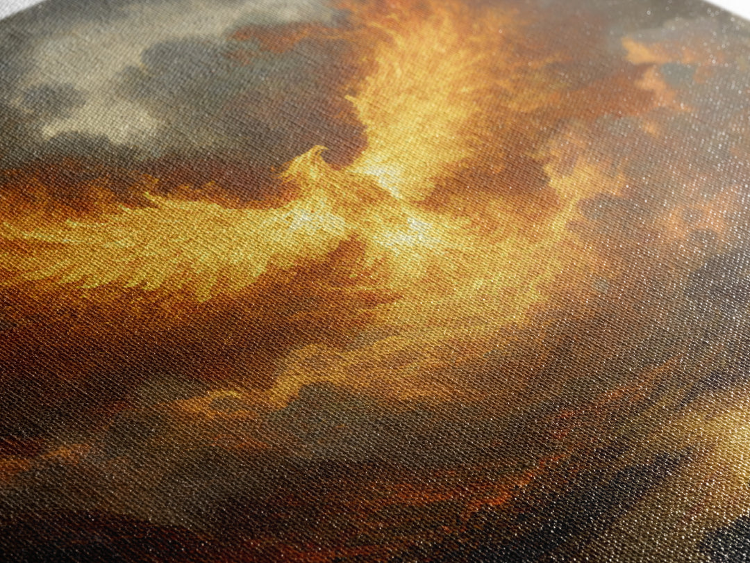 Fiery Phoenix Rising Above Stormy Valley Wall Art, Mythical Fantasy Canvas Print, Dramatic Firebird Epic Home Decor Gift