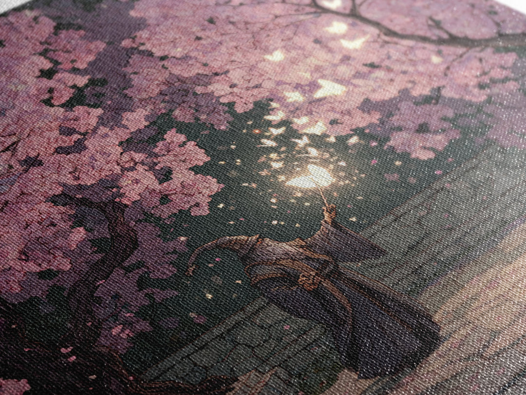 Wizard Casting Light Beneath Cherry Blossoms Canvas Print, Fantasy Wall Art, Pink Floral Magical Garden Home Decor, Unique Gift