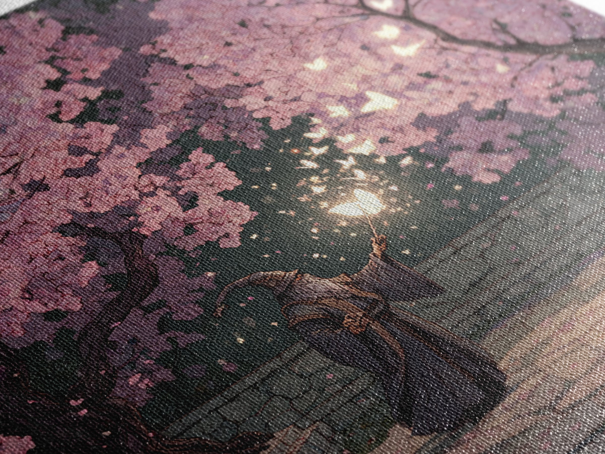 Wizard Casting Light Beneath Cherry Blossoms Canvas Print, Fantasy Wall Art, Pink Floral Magical Garden Home Decor, Unique Gift
