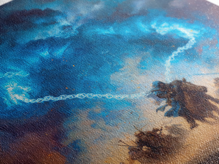 Blue Storm Giant Battle Wall Art, Epic Fantasy Canvas Print, Dark Wizard Decor, Medieval Warrior Gift, Moody Game Room Art