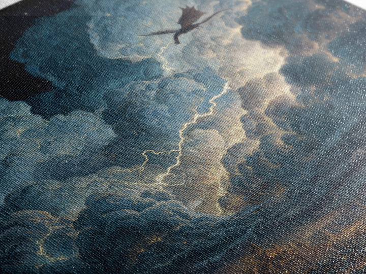Night Dragon Storm Cloud Wall Art, Fantasy City Canvas Print, Gothic Castle Decor, Moody Sky Art, Gift For Dragon Lovers