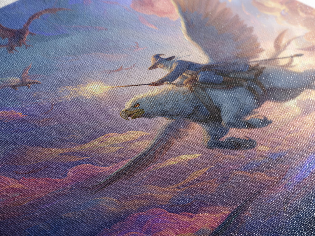 Griffin Rider Sky Battle Wall Art, Whimsical Fantasy Canvas Print, Pastel Dragon Decor, Magical Nursery Or Game Room Art